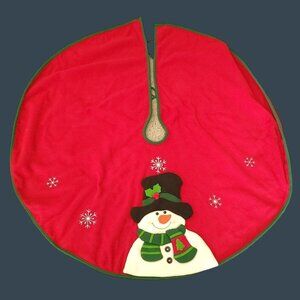 Red Christmas Tree Skirt Snowman Snowflakes 48" Diameter Holiday Decor
